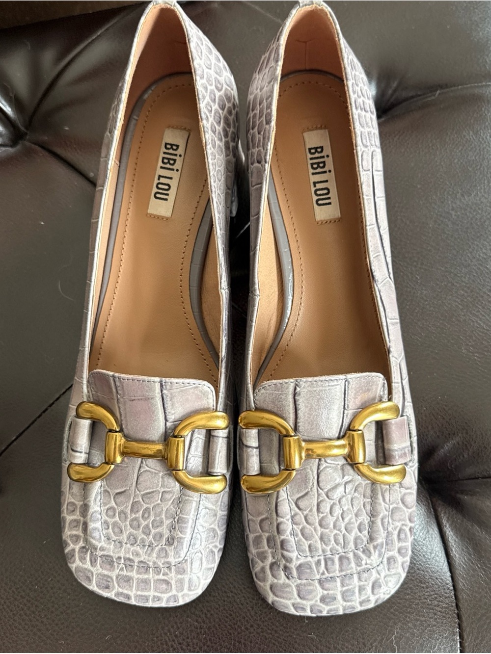 Bibi Lou Anthropologie Gray Horsebit Moc Croc Heels - Picture 5 of 14